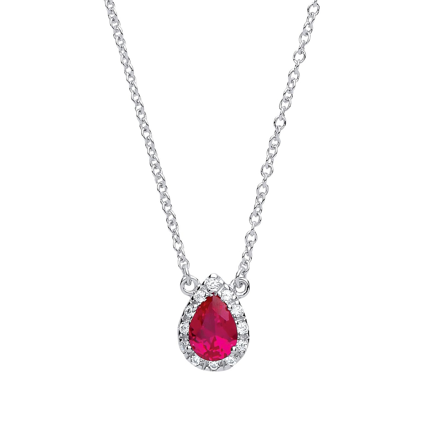 Silver  Rose red pear CZ Teardrop Halo Charm Necklace 16 + 2 inch - GVK159RUBY