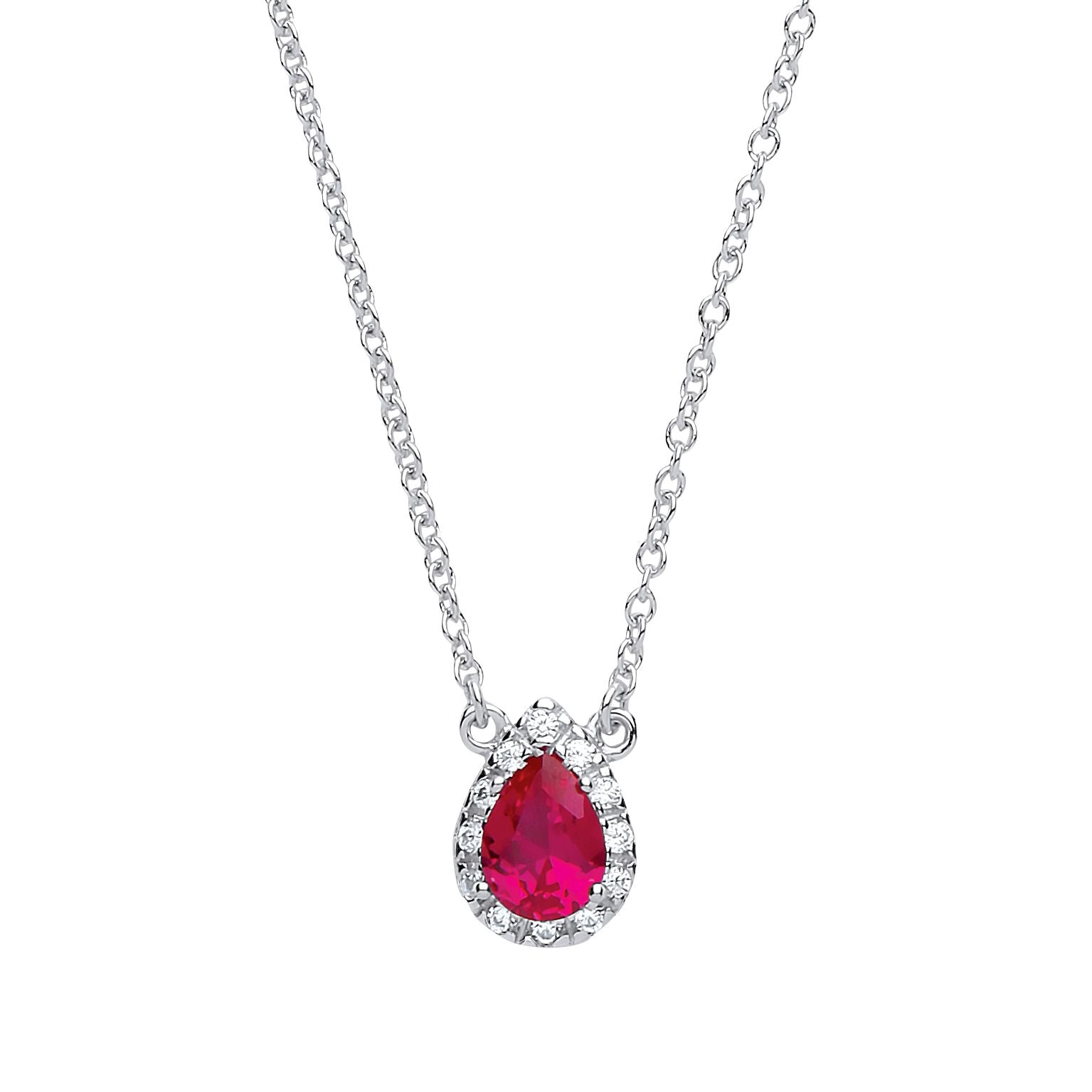 Silver  Rose red pear CZ Teardrop Halo Charm Necklace 16 + 2 inch - GVK159RUBY