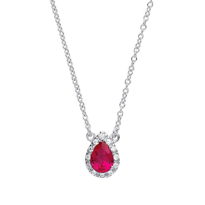 Silver  Rose red pear CZ Teardrop Halo Charm Necklace 16 + 2 inch - GVK159RUBY