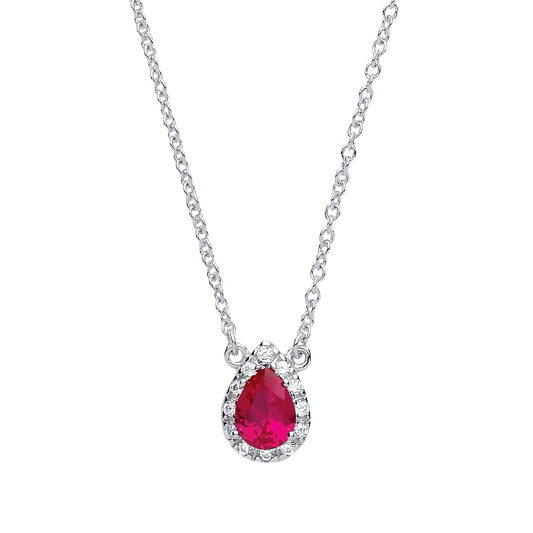 Silver  Rose red pear CZ Teardrop Halo Charm Necklace 16 + 2 inch - GVK159RUBY