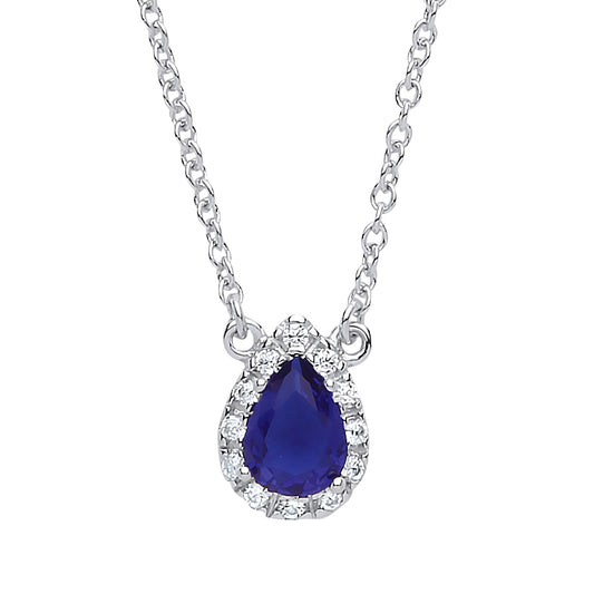 Silver  Blue pear CZ Teardrop Halo Charm Necklace 16 + 2 inch - GVK159SAP