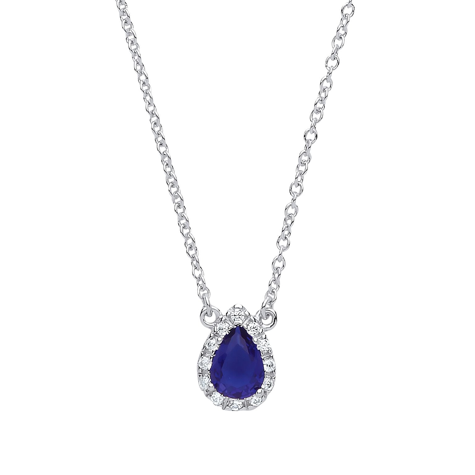 Silver  Blue pear CZ Teardrop Halo Charm Necklace 16 + 2 inch - GVK159SAP