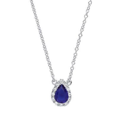 Silver  Blue pear CZ Teardrop Halo Charm Necklace 16 + 2 inch - GVK159SAP