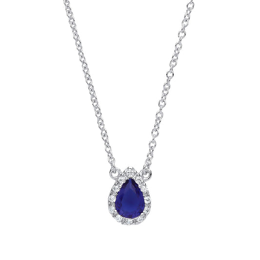 Silver  Blue pear CZ Teardrop Halo Charm Necklace 16 + 2 inch - GVK159SAP