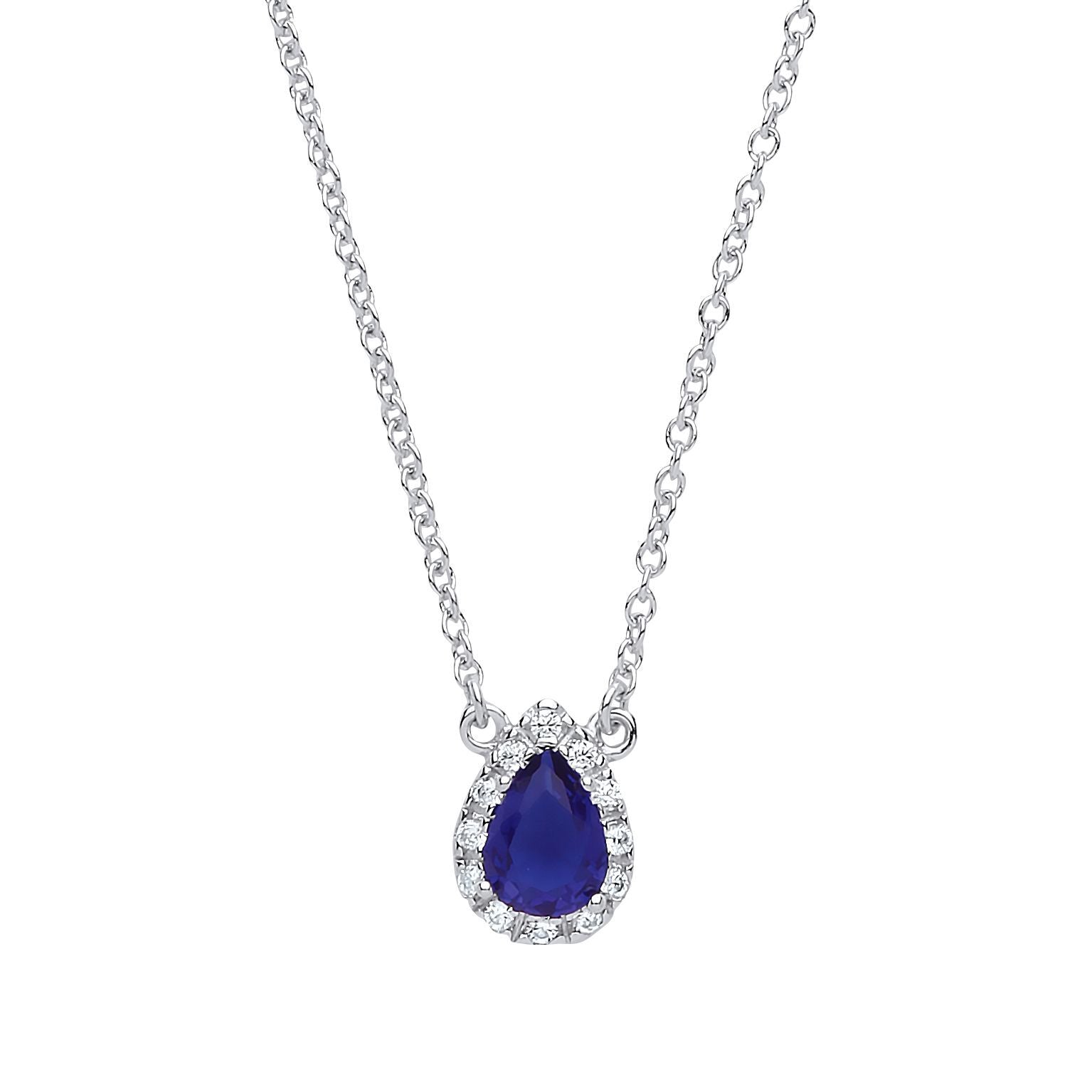 Silver  Blue pear CZ Teardrop Halo Charm Necklace 16 + 2 inch - GVK159SAP