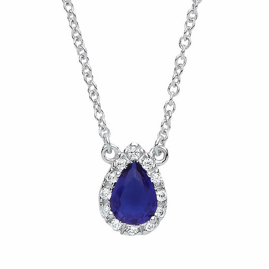 Silver  Blue pear CZ Teardrop Halo Charm Necklace 16 + 2 inch - GVK159SAP