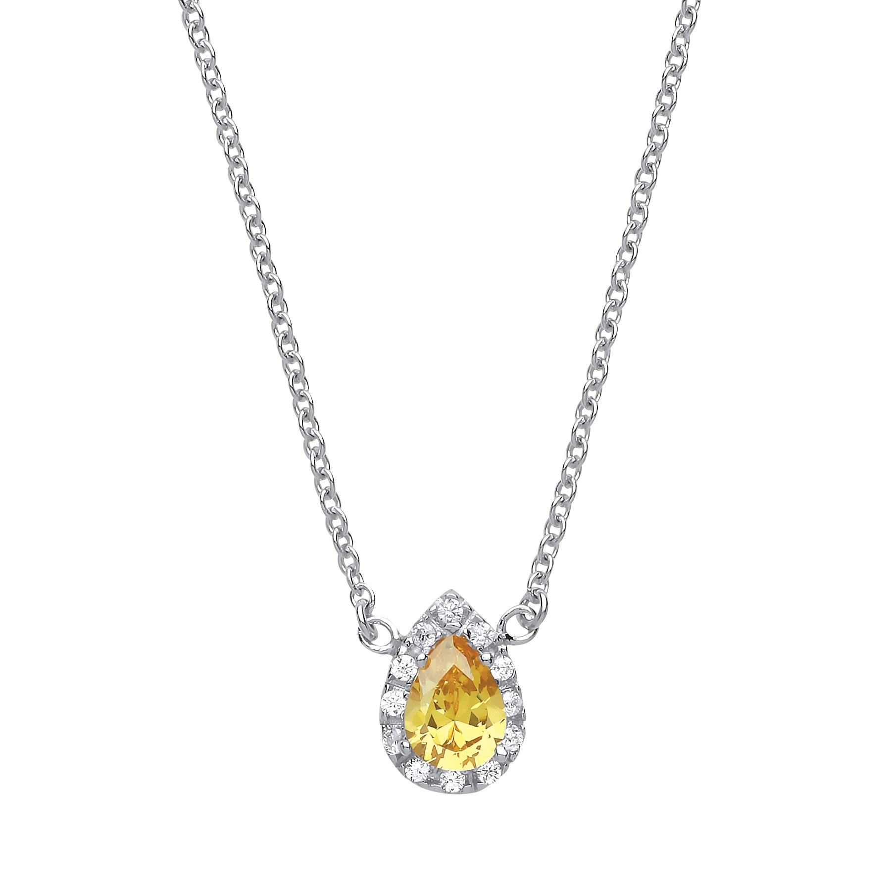 Silver  Yellow pear CZ Teardrop Halo Charm Necklace 16 + 2 inch - GVK159