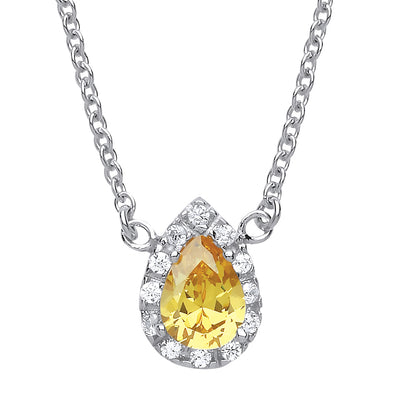 Silver  Yellow pear CZ Teardrop Halo Charm Necklace 16 + 2 inch - GVK159