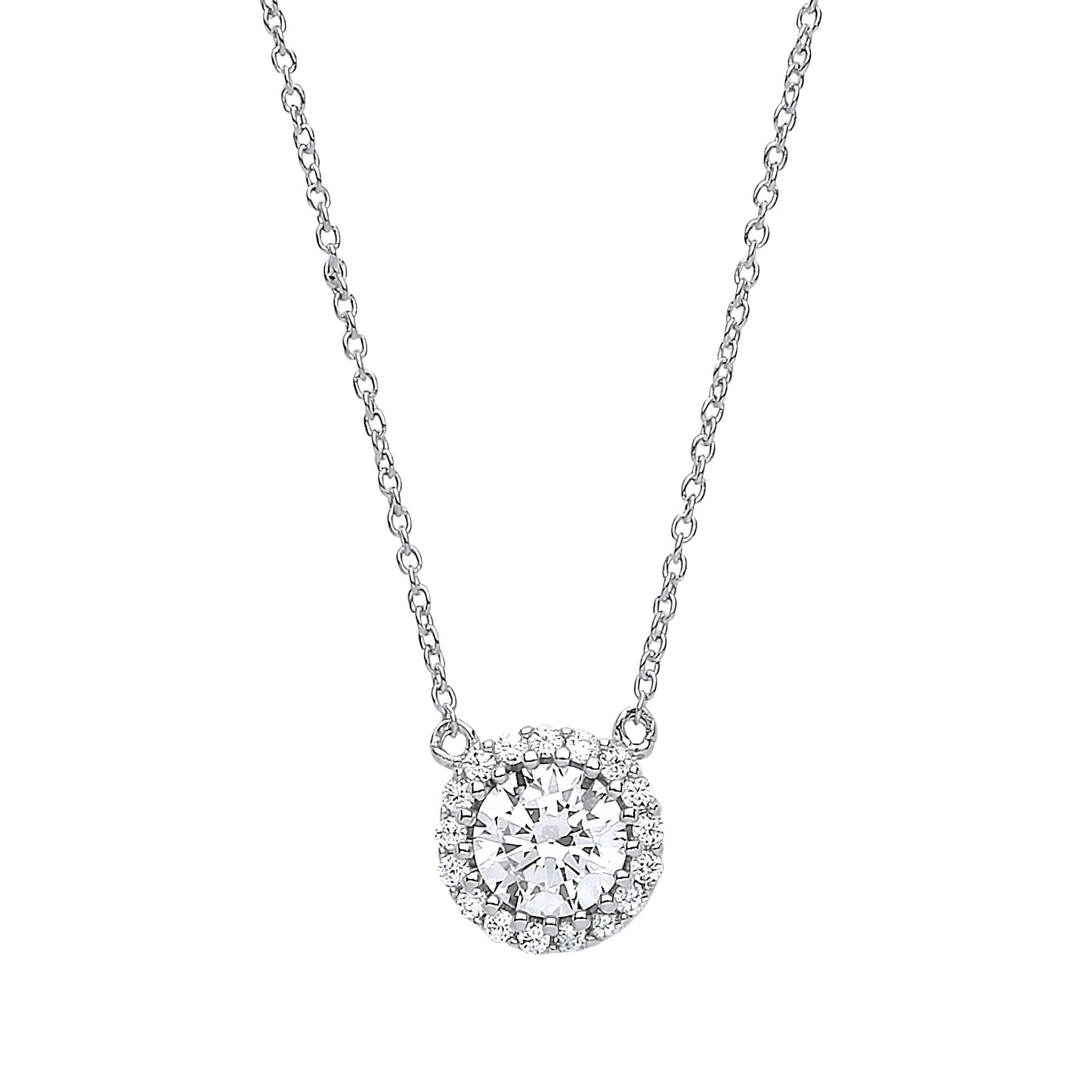 Silver  CZ Solitaire Halo Charm Necklace 16 + 2 inch - GVK165W