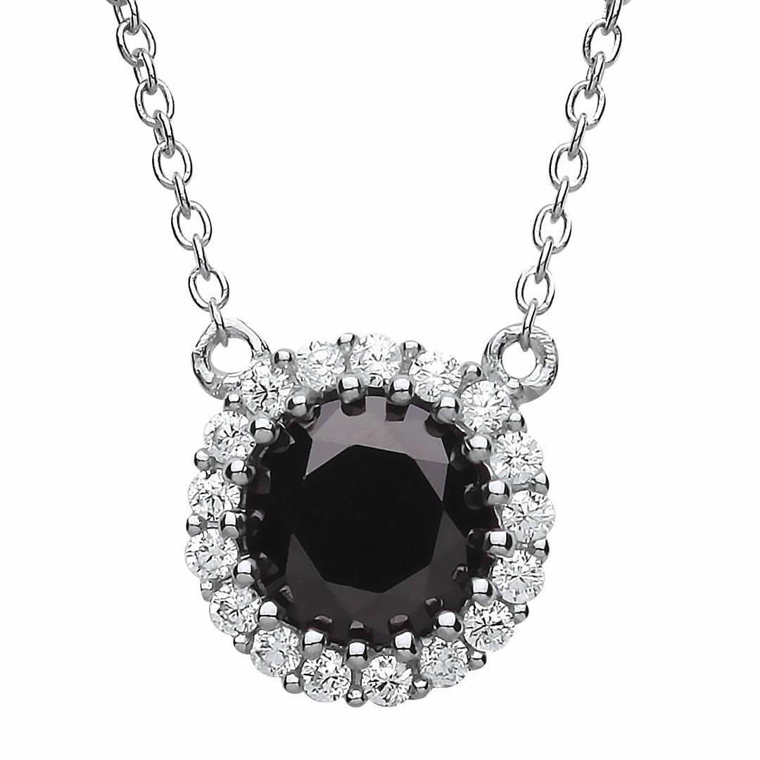 Silver  Black CZ Solitaire Halo Charm Necklace 16 + 2 inch - GVK165