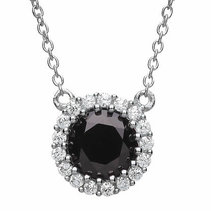 Silver  Black CZ Solitaire Halo Charm Necklace 16 + 2 inch - GVK165