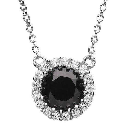 Silver  Black CZ Solitaire Halo Charm Necklace 16 + 2 inch - GVK165