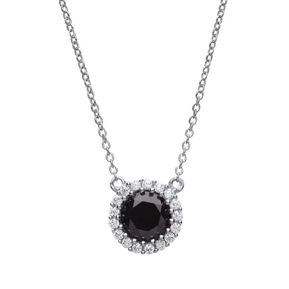 Silver  Black CZ Solitaire Halo Charm Necklace 16 + 2 inch - GVK165