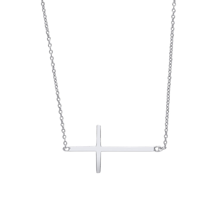 Silver  Horizontal Sideways Fallen Cross Necklace 16 + 2 inch - GVK169