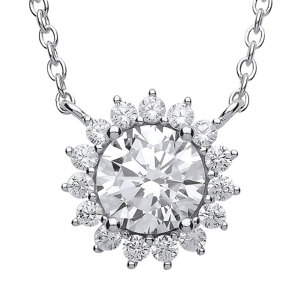 Silver  CZ Sunshine Cluster Solitaire Charm Necklace 16 inch - GVK170