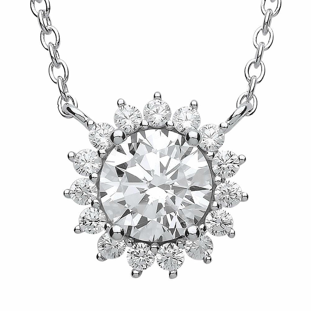 Silver  CZ Sunshine Cluster Solitaire Charm Necklace 16 inch - GVK170