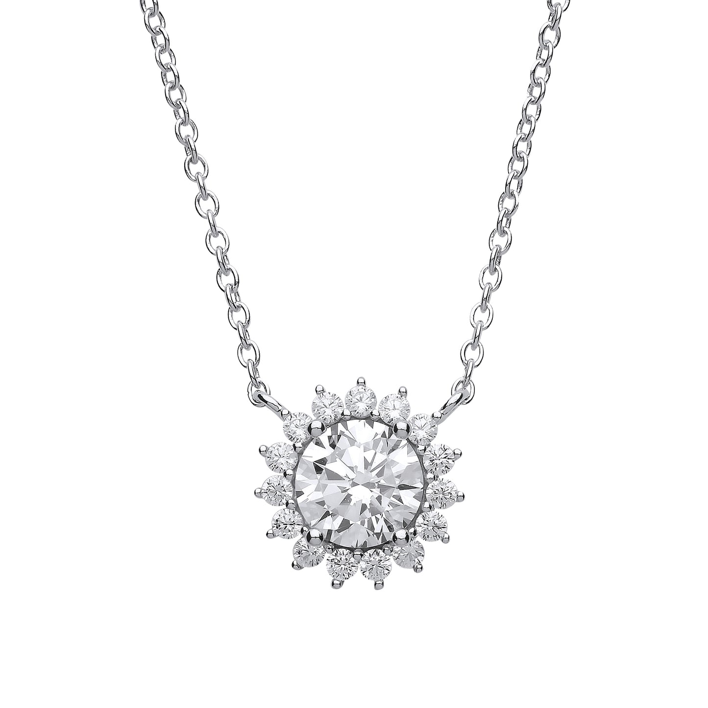 Silver  CZ Sunshine Cluster Solitaire Charm Necklace 16 inch - GVK170