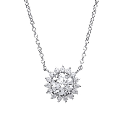 Silver  CZ Sunshine Cluster Solitaire Charm Necklace 16 inch - GVK170