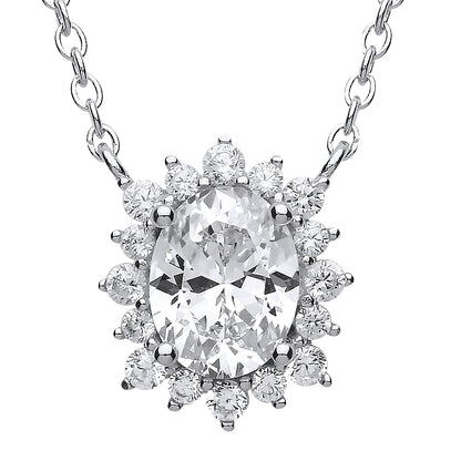 Silver  oval CZ Sunshine Cluster Solitaire Charm Necklace 15 inch - GVK172