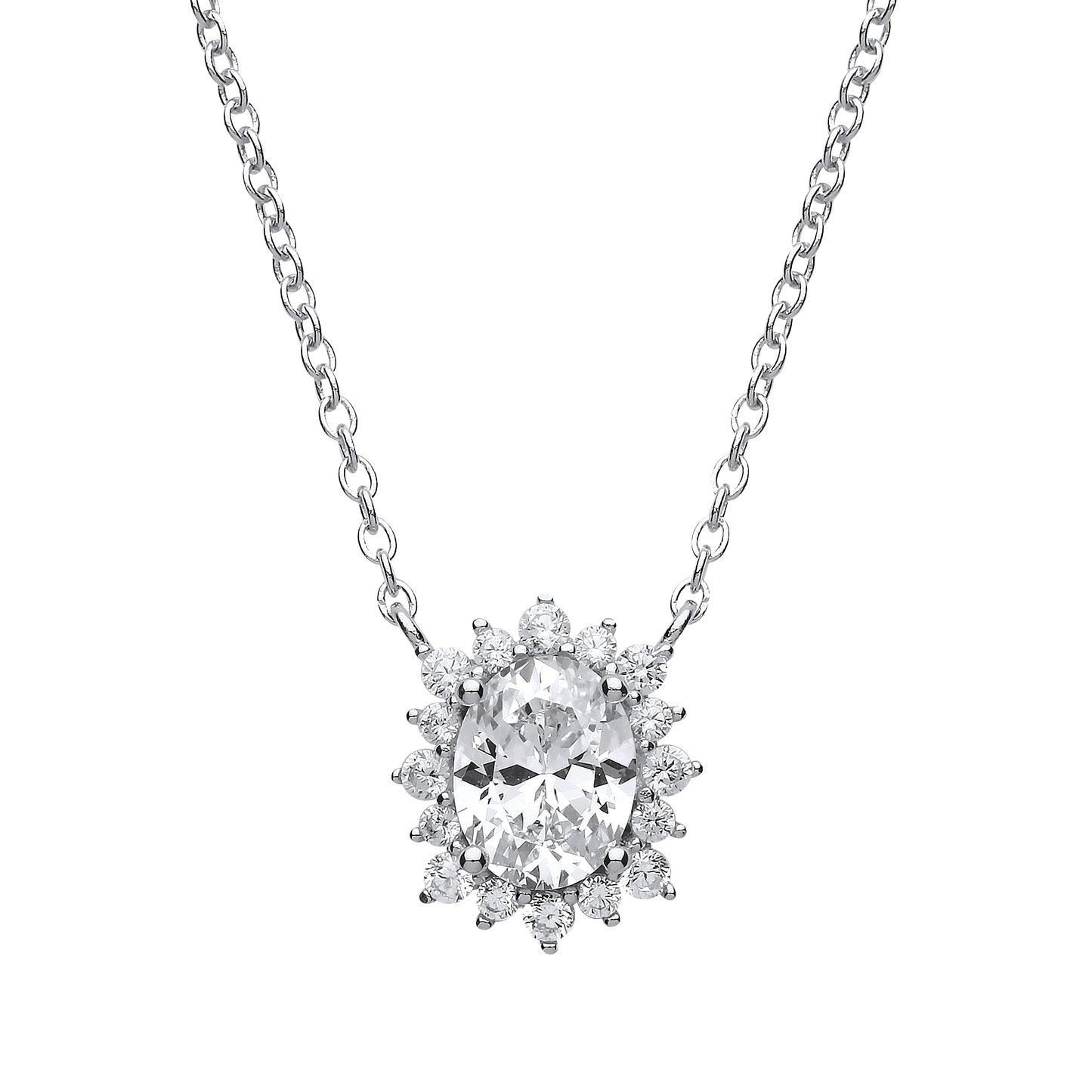 Silver  oval CZ Sunshine Cluster Solitaire Charm Necklace 15 inch - GVK172