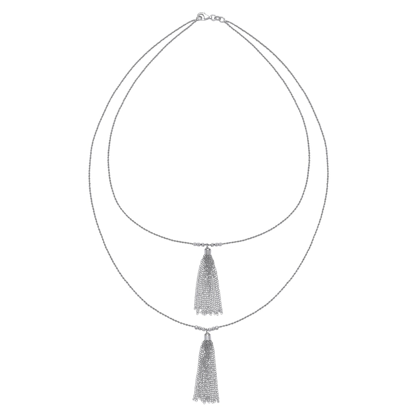 Silver  Waterfall Tassle Double Drop Necklace 20 inch - GVK181
