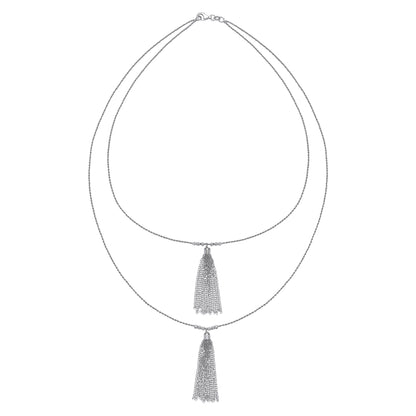 Silver  Waterfall Tassle Double Drop Necklace 20 inch - GVK181