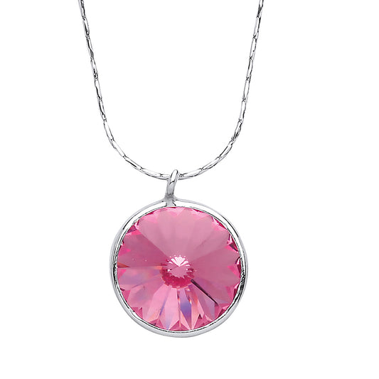 Silver  pink Crystal Halo Hoop Solitaire Necklace 16 inch - GVK187PINK