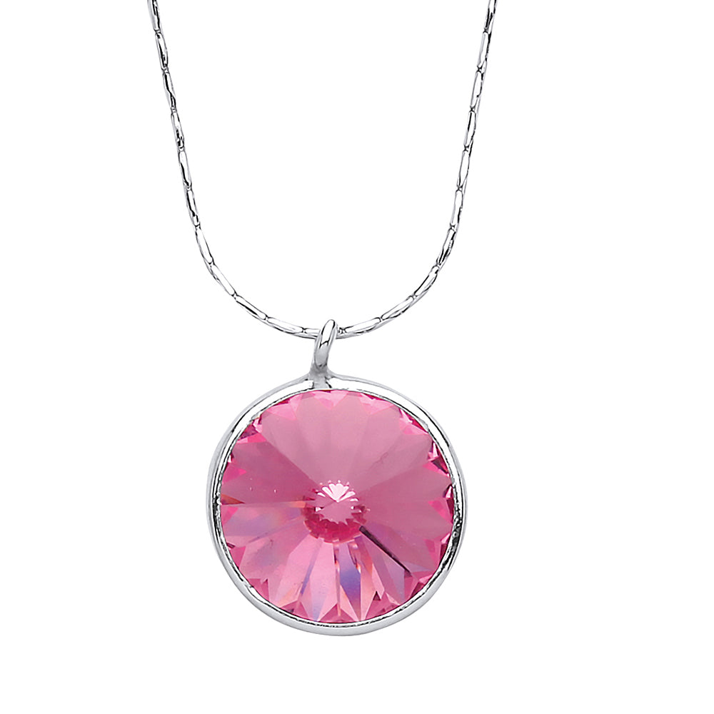 Silver  pink Crystal Halo Hoop Solitaire Necklace 16 inch - GVK187PINK