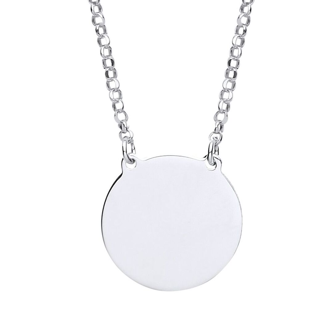Silver  Round Disc Tag Medallion Necklace 16 + 1 inch - GVK191