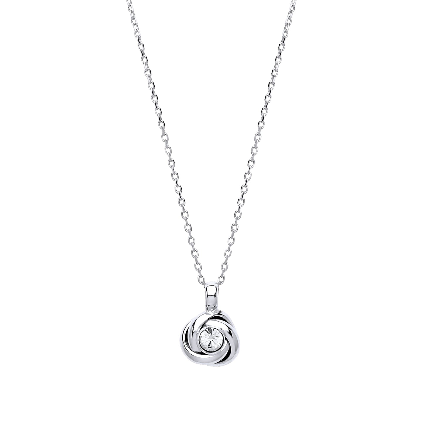 Silver  CZ Spiral Knot Solitaire Charm Necklace 16 + 1 inch - GVK197