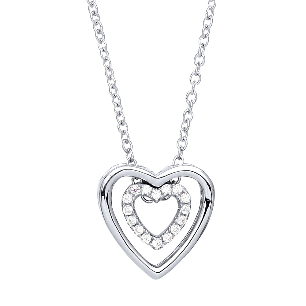Silver  CZ Double Love Heart Halo Charm Necklace 17 + 2 inch - GVK218
