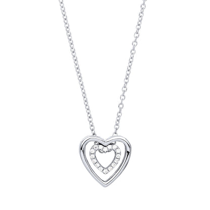 Silver  CZ Double Love Heart Halo Charm Necklace 17 + 2 inch - GVK218
