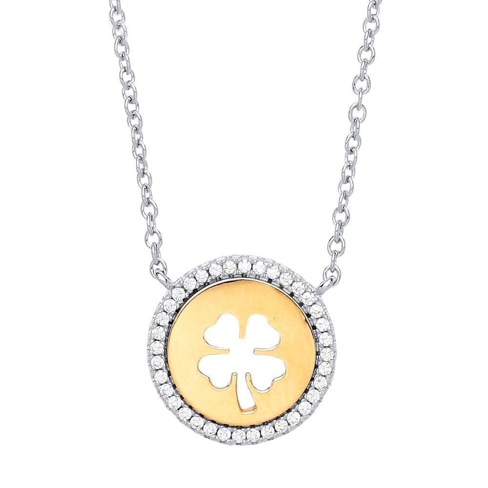 Gilded Silver  CZ Lucky Clover Halo Medallion Necklace 17 + 2" - GVK219