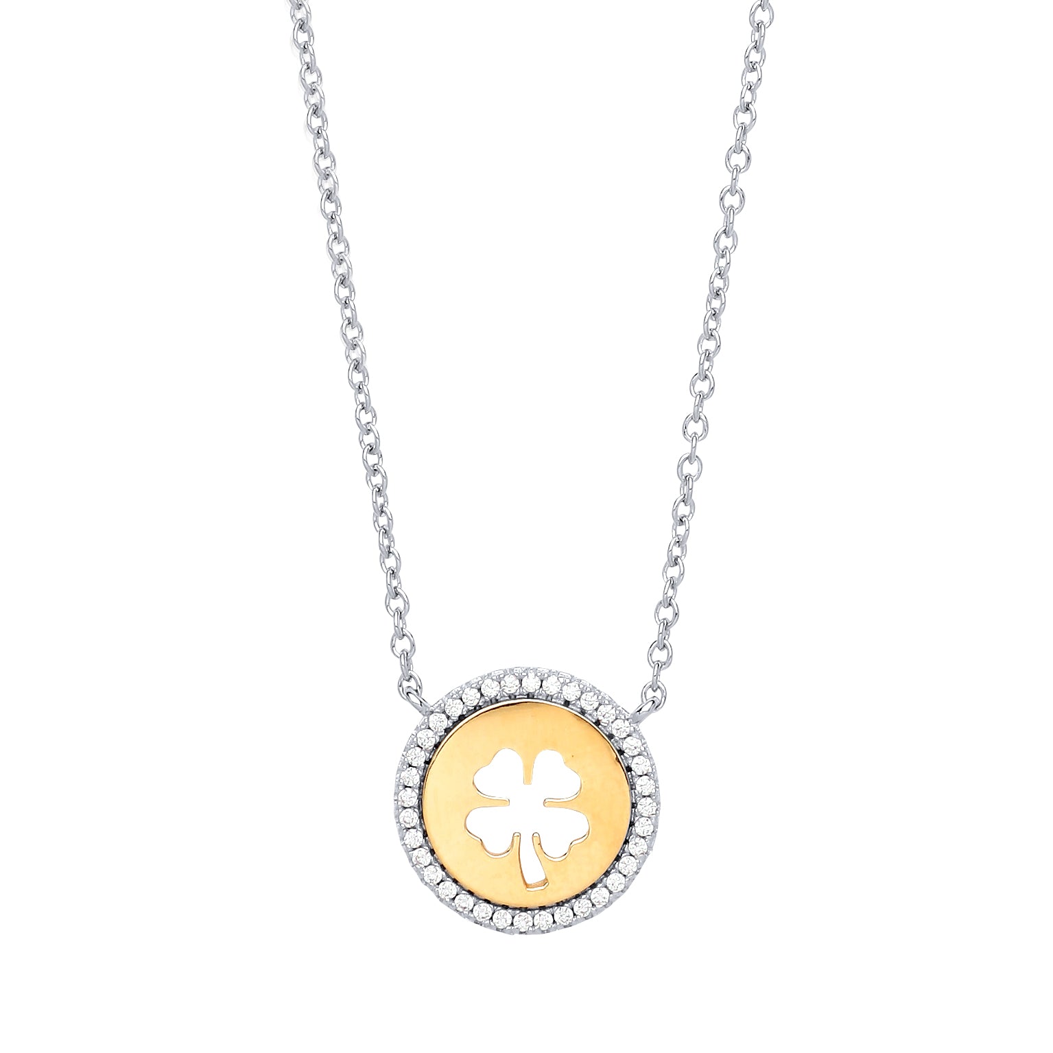 Gilded Silver  CZ Lucky Clover Halo Medallion Necklace 17 + 2" - GVK219