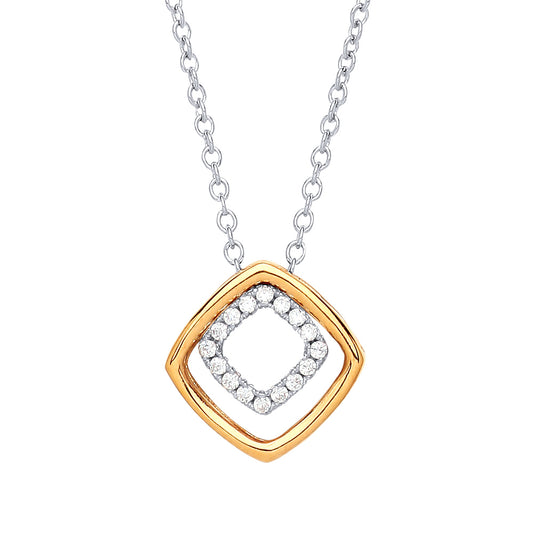 Gilded Silver  CZ Square Halo Pave Charm Necklace 17 + 2 inch - GVK220