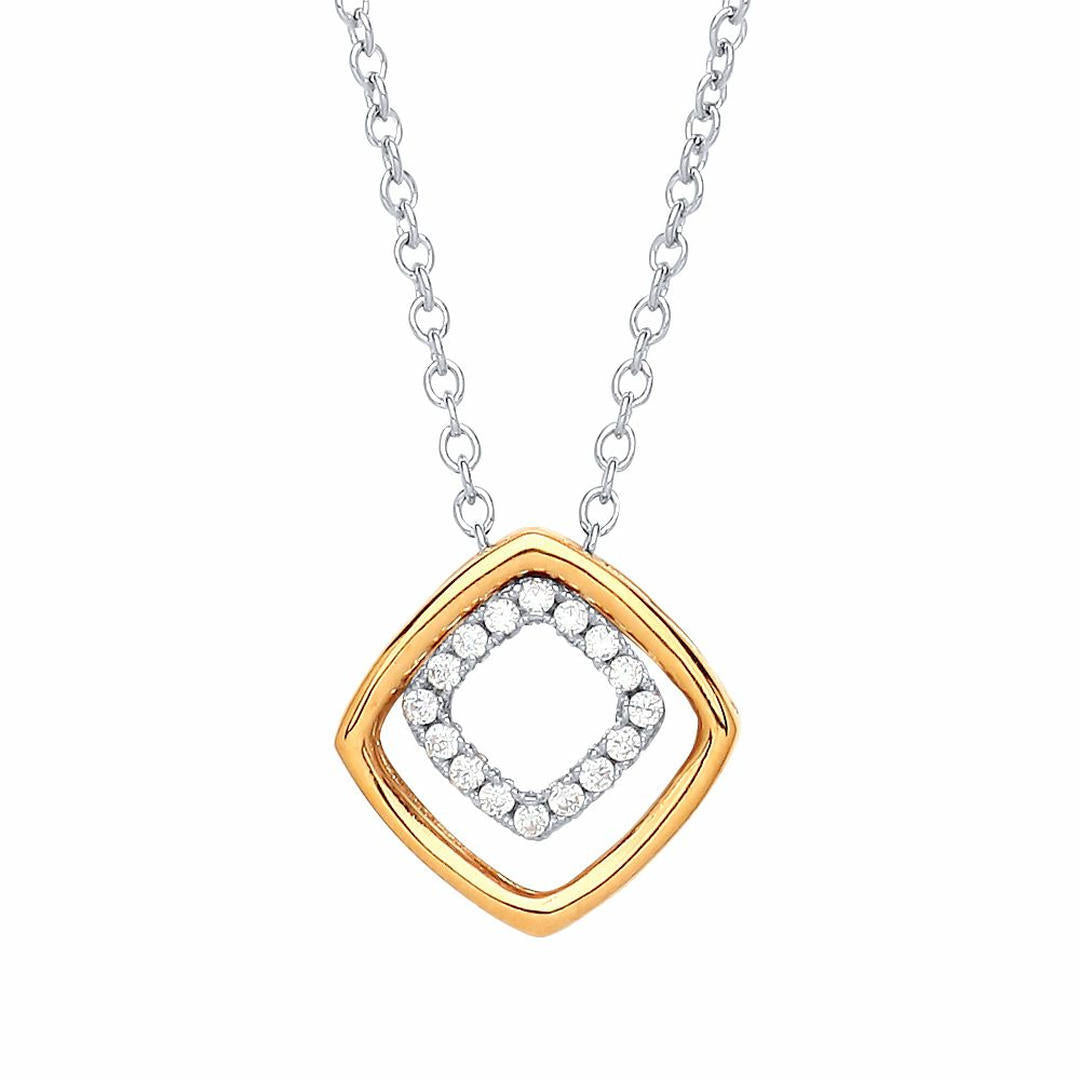 Gilded Silver  CZ Square Halo Pave Charm Necklace 17 + 2 inch - GVK220