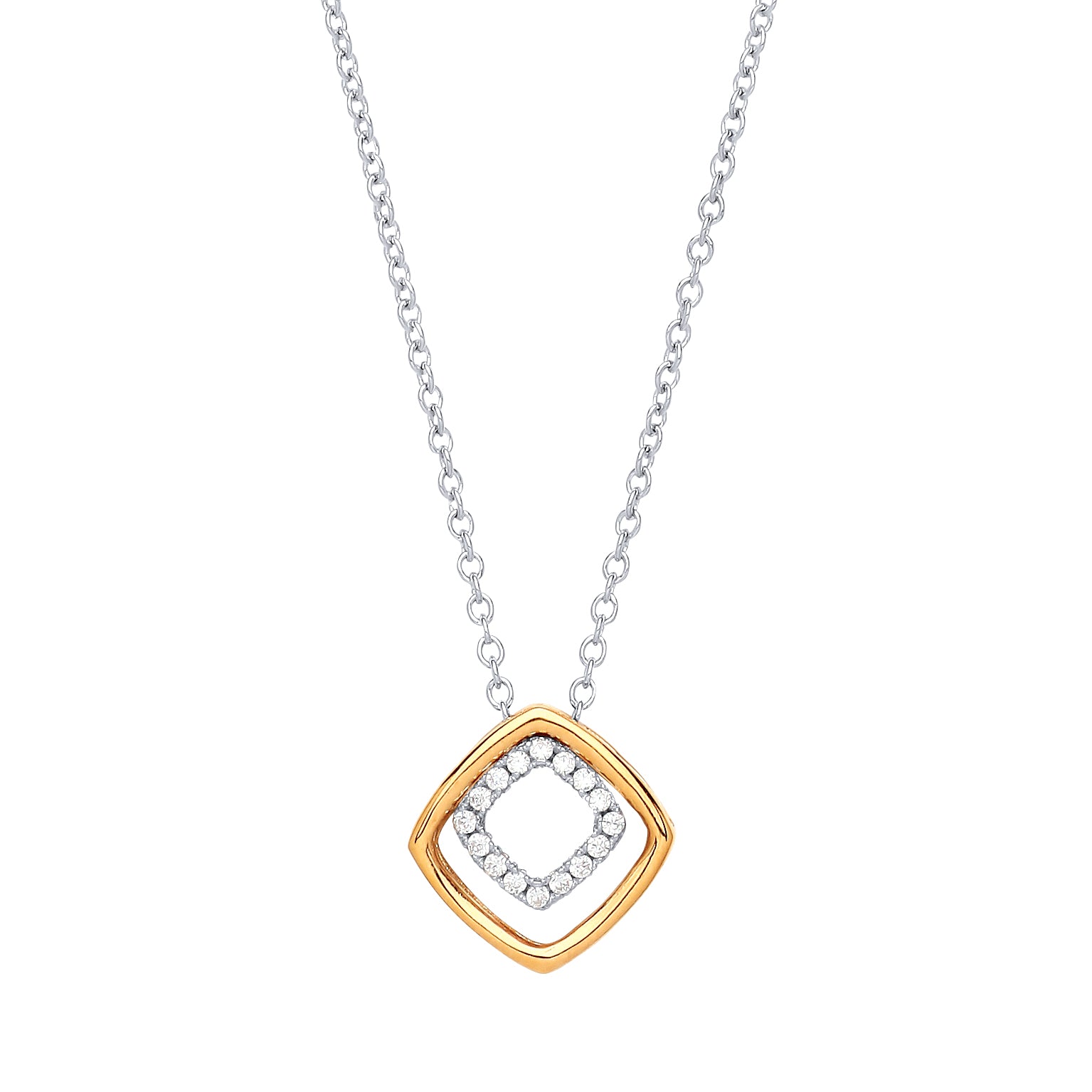 Gilded Silver  CZ Square Halo Pave Charm Necklace 17 + 2 inch - GVK220