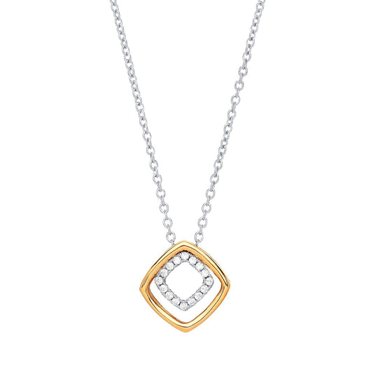 Gilded Silver  CZ Square Halo Pave Charm Necklace 17 + 2 inch - GVK220