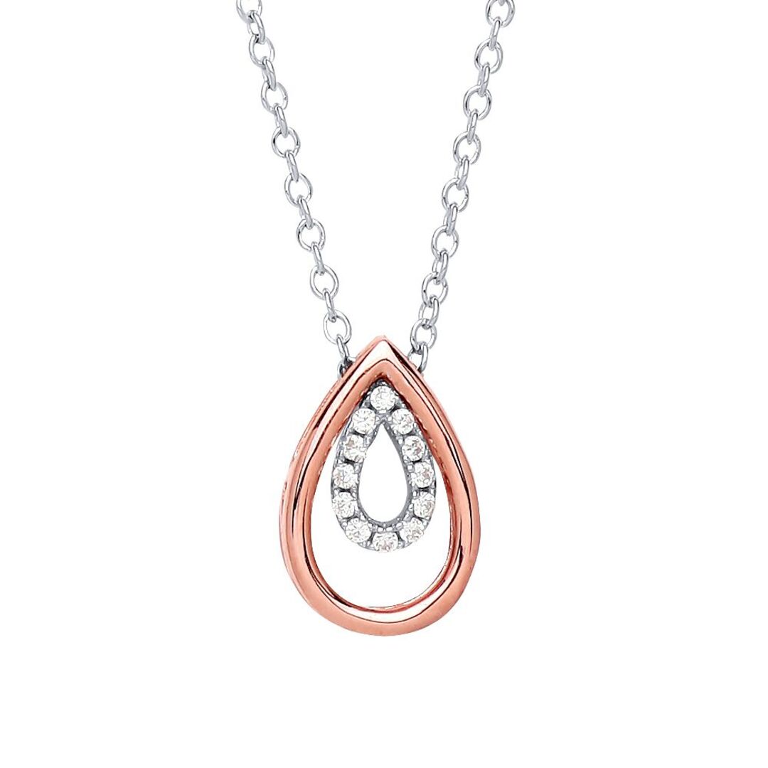 Rose Silver  CZ Halo Teardrop Charm Necklace 17 + 2 inch - GVK223