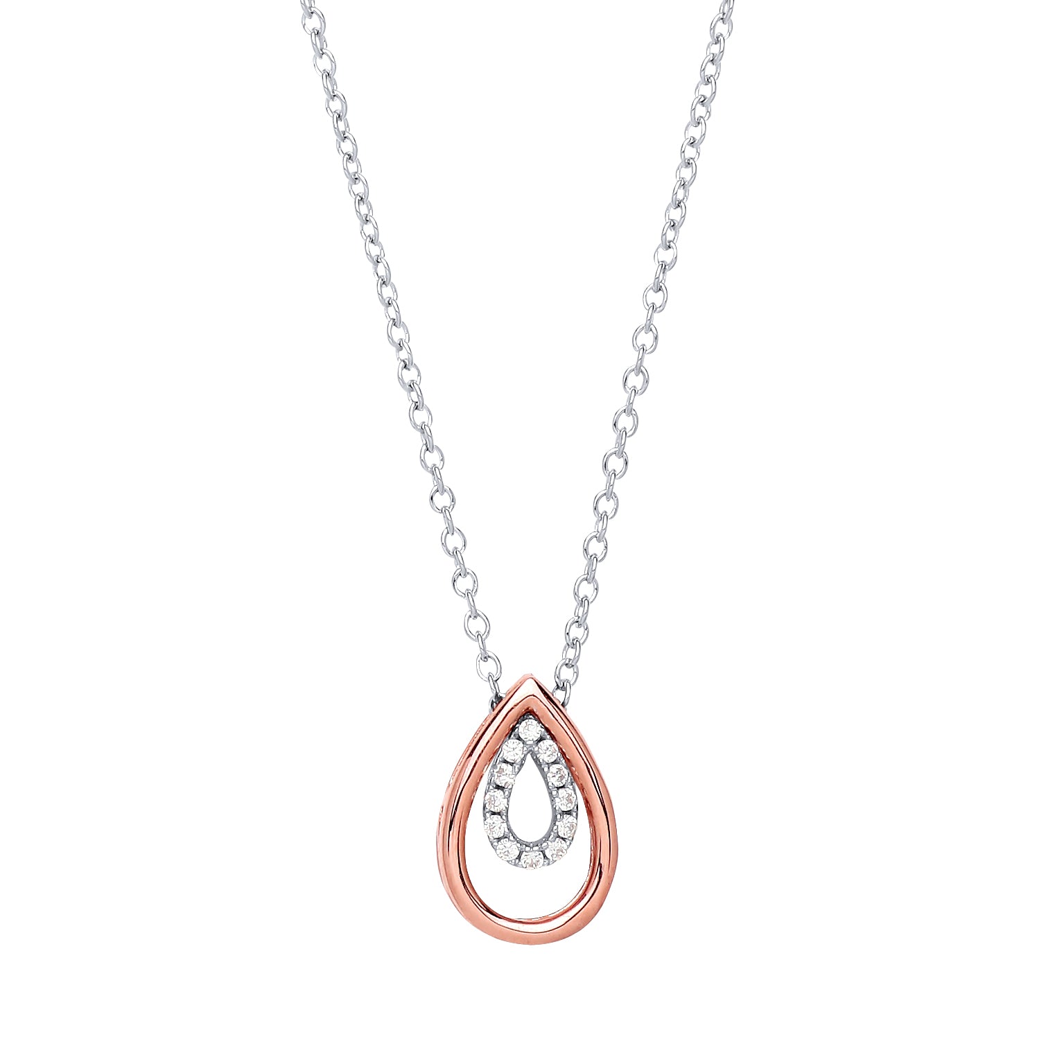 Rose Silver  CZ Halo Teardrop Charm Necklace 17 + 2 inch - GVK223