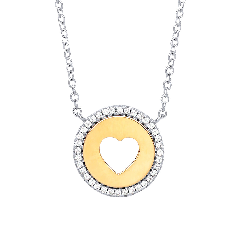 Gilded Silver  CZ Love Heart Halo Medallion Necklace 17 + 2 inch - GVK226