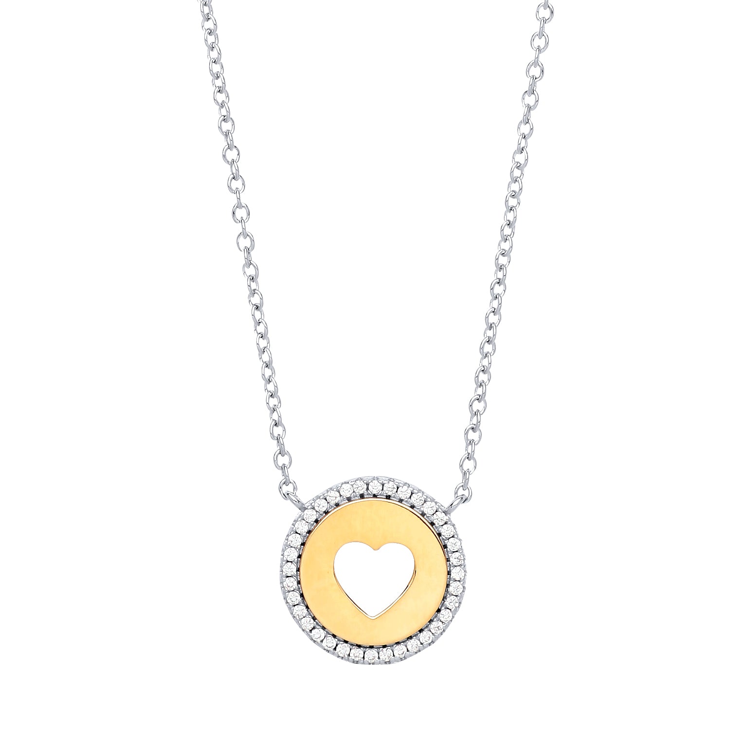 Gilded Silver  CZ Love Heart Halo Medallion Necklace 17 + 2 inch - GVK226