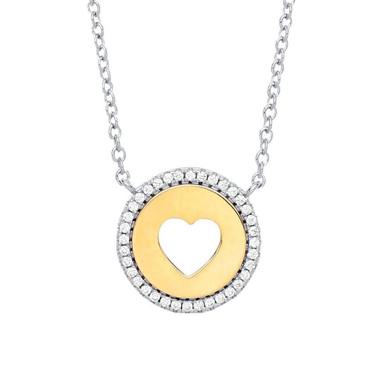 Gilded Silver  CZ Love Heart Halo Medallion Necklace 17 + 2 inch - GVK226