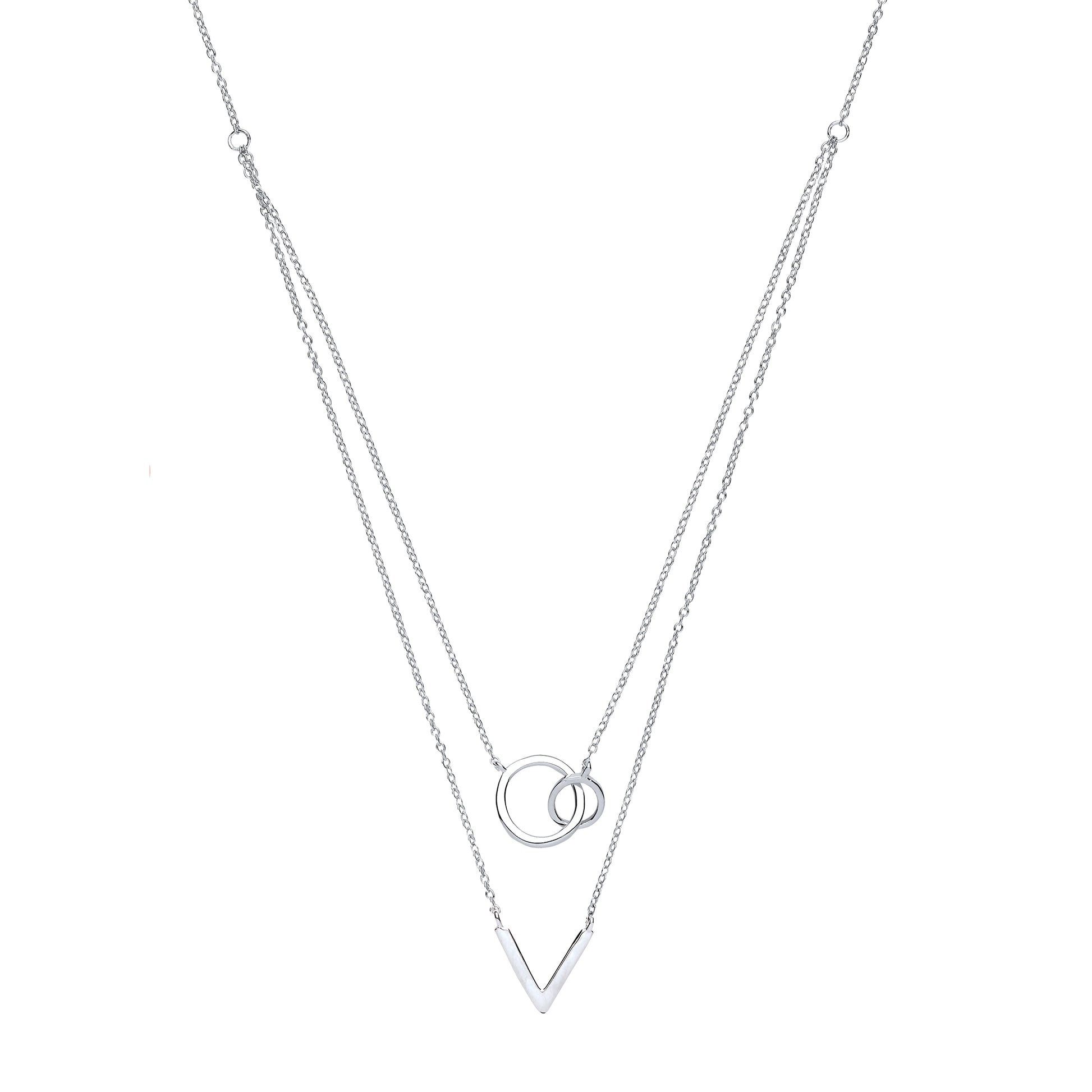 Silver  Chinese Linking Rings Double Drop Necklace - GVK230