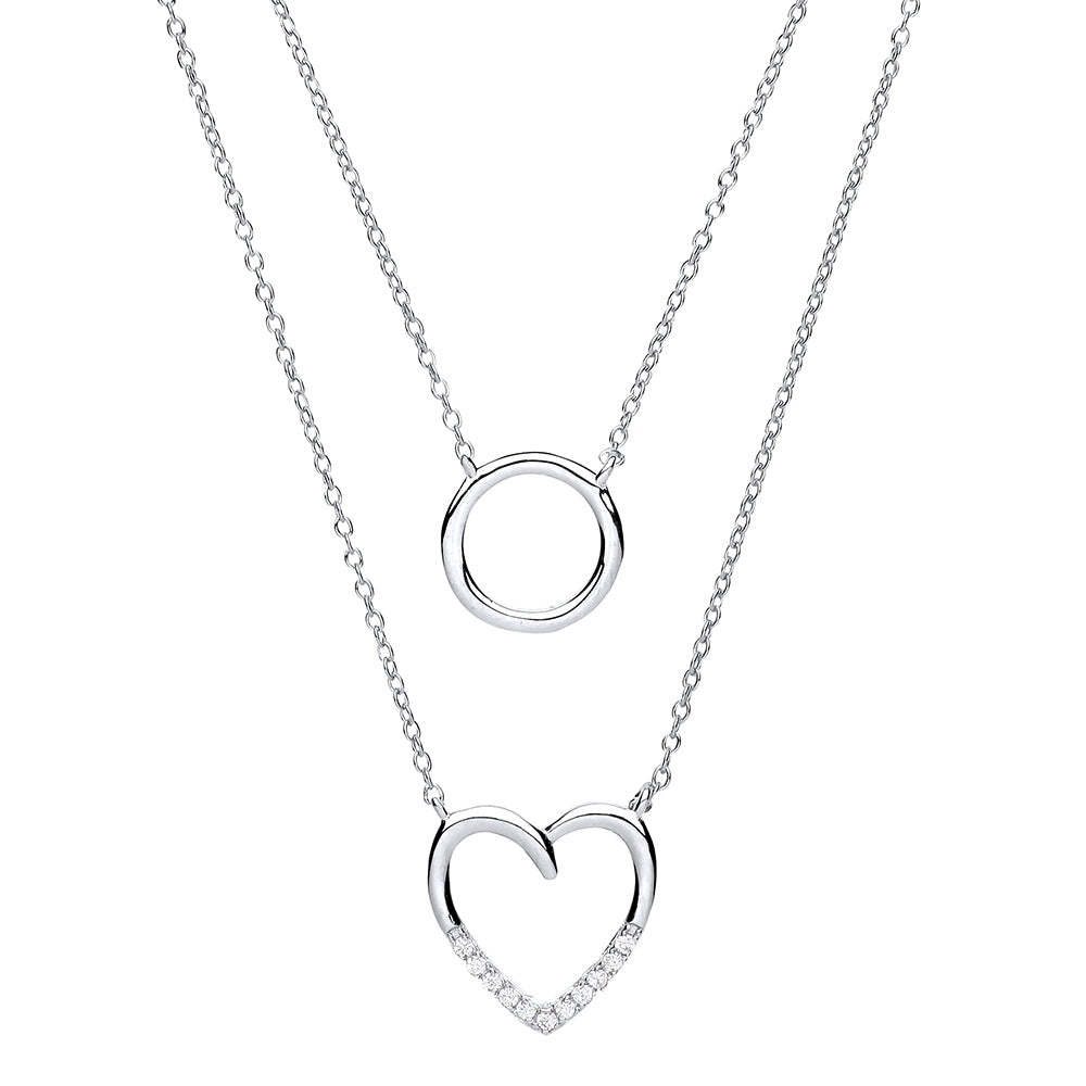Silver  CZ Love Heart Halo Charm Double Drop Necklace 16 inch - GVK231
