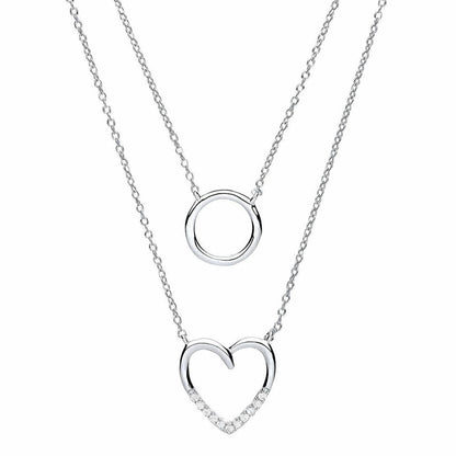 Silver  CZ Love Heart Halo Charm Double Drop Necklace 16 inch - GVK231