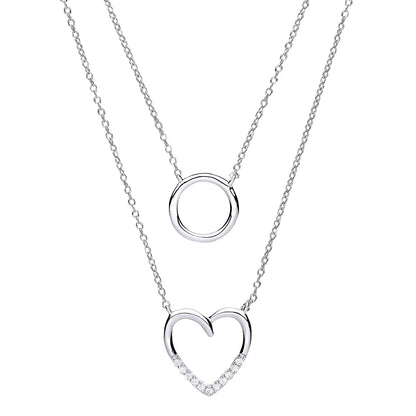 Silver  CZ Love Heart Halo Charm Double Drop Necklace 16 inch - GVK231