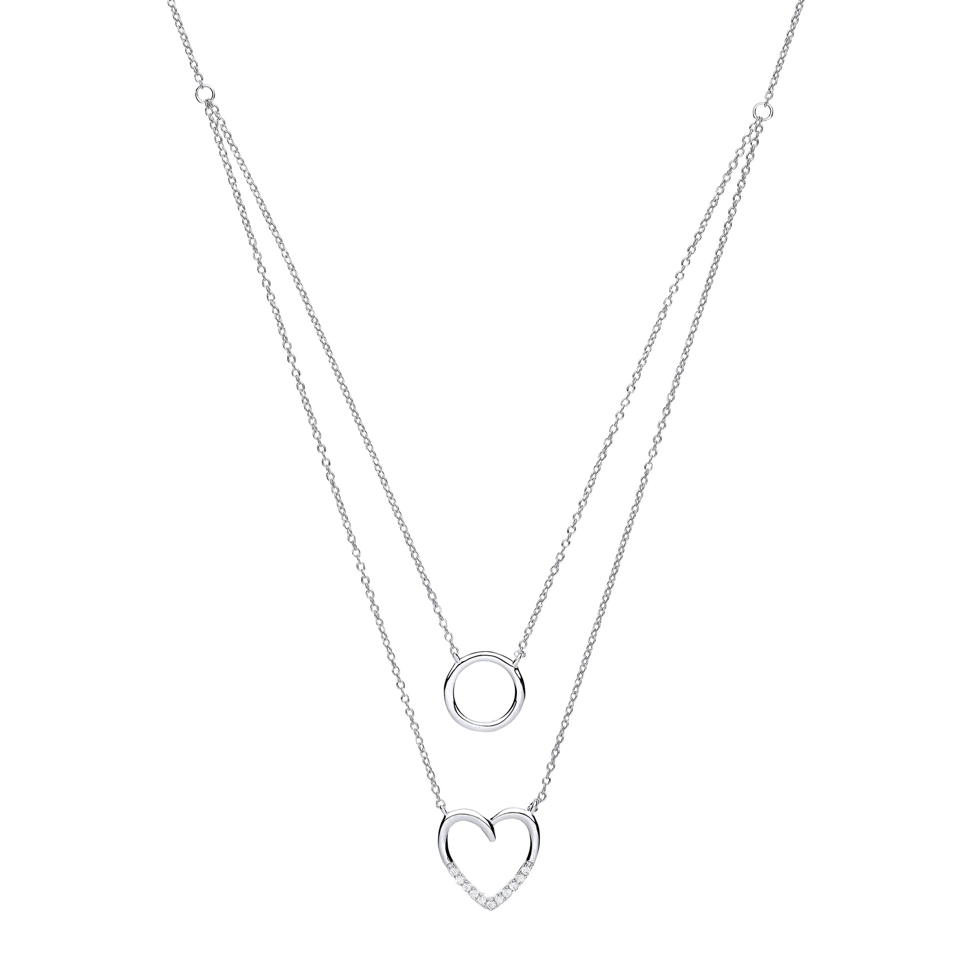 Silver  CZ Love Heart Halo Charm Double Drop Necklace 16 inch - GVK231