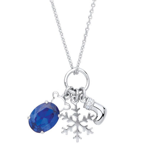 Silver  Blue oval CZ Snowflake Christmas Charm Necklace 16 + 2" - GVK233