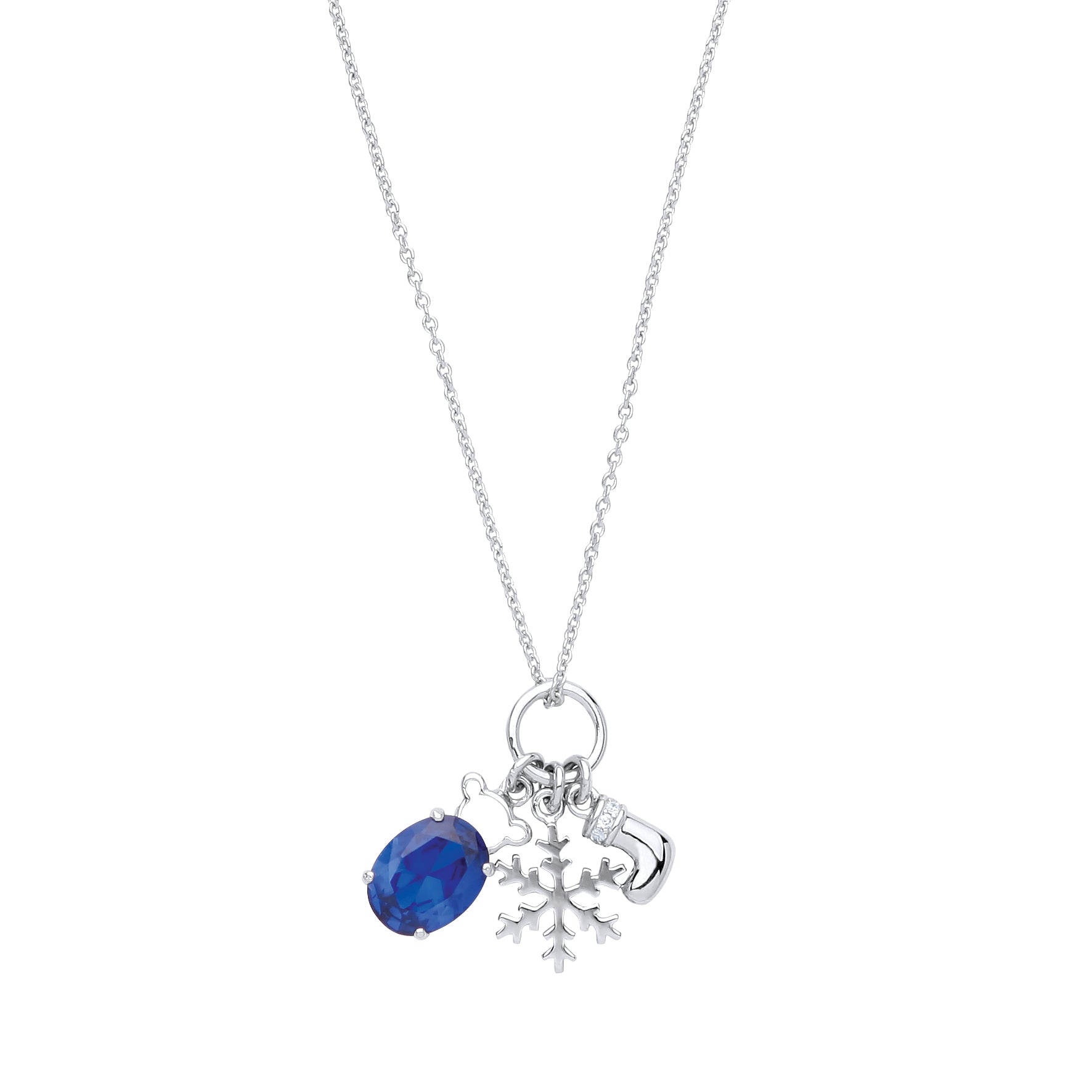 Silver  Blue oval CZ Snowflake Christmas Charm Necklace 16 + 2" - GVK233